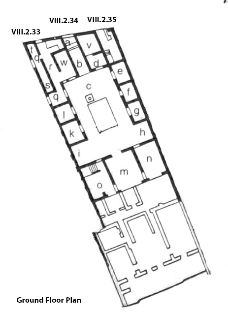 VIII.2.34 Pompeii. Casa delle Colombe a mosaico or House of the Mosaic Doves. Ground Floor Plan.